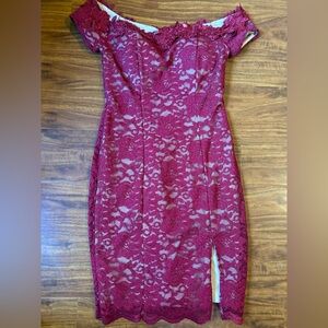 Sequin Hearts Off-Shoulder Lace Midi Dress in Berry